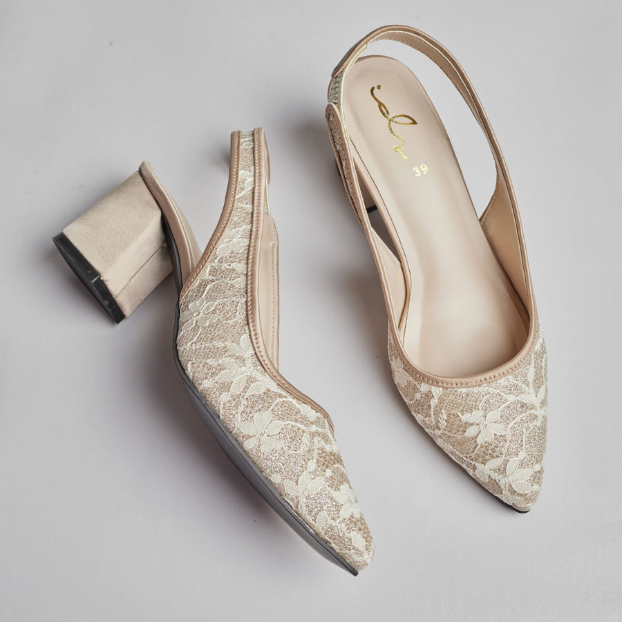 BLOOM FLORAL MESH SLINGBACK HEELS - BEIGE