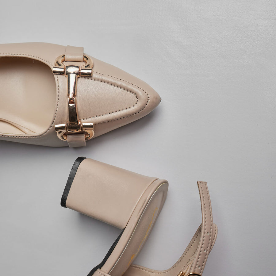 TWILIGHT BLOOM BUCKLED HEEL - BEIGE