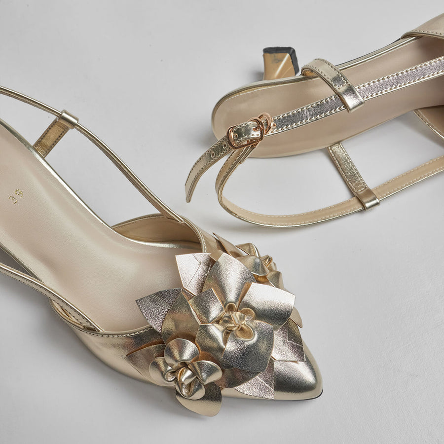 3D Blossom Flower Heels - Gold