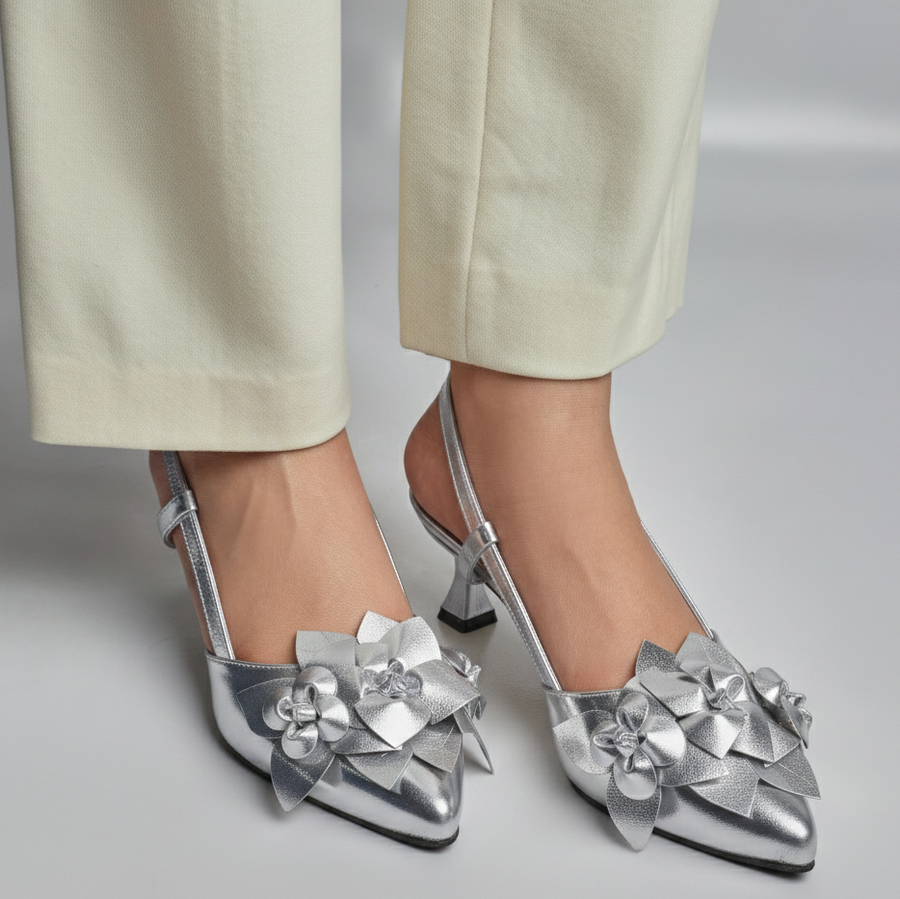 3D Blossom Flower Heels - Silver