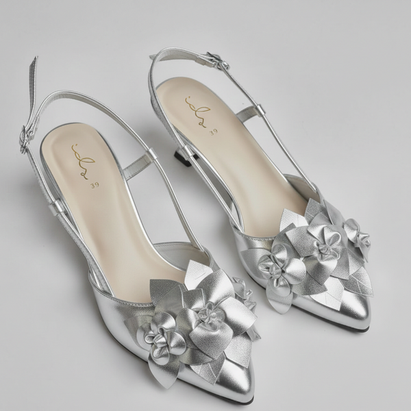 3D Blossom Flower Heels - Silver
