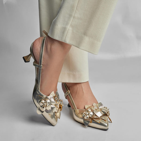 3D Blossom Flower Heels - Gold