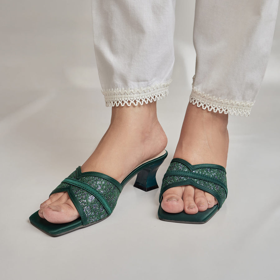 SATIN MESH CRISSCROSS HEEL-EMERALD