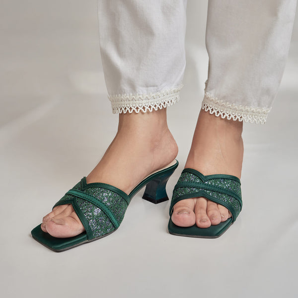 SATIN MESH CRISSCROSS HEEL-EMERALD