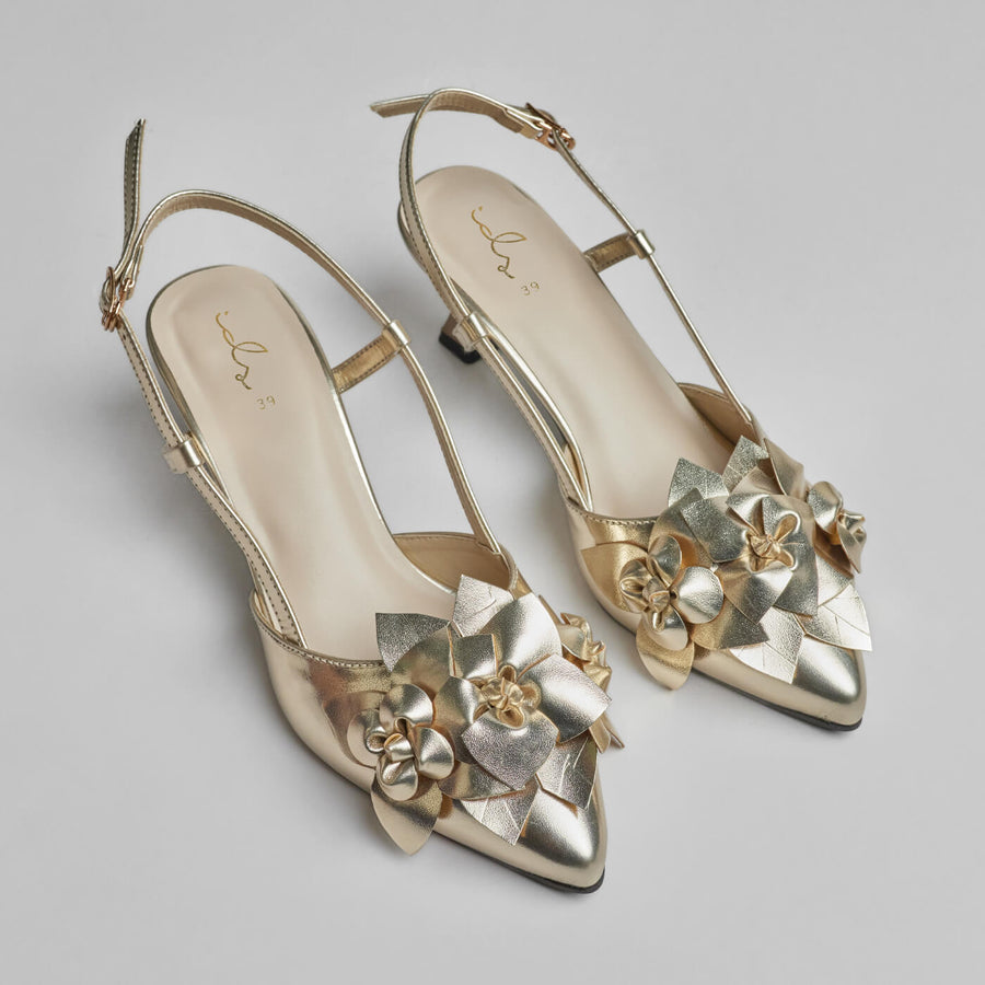 3D Blossom Flower Heels - Gold