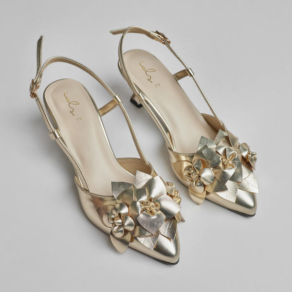3D Blossom Flower Heels - Gold