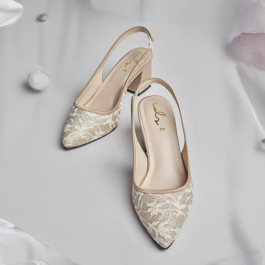 BLOOM FLORAL MESH SLINGBACK HEELS - BEIGE