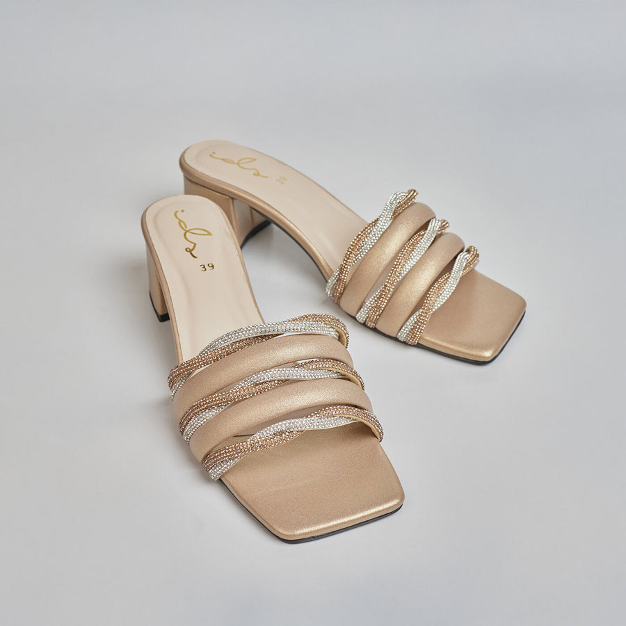TWISTED STRAP HEELS-GOLD