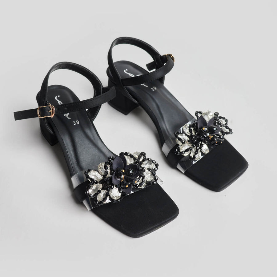 Crystal Embellished Block Heel Sandal - Black
