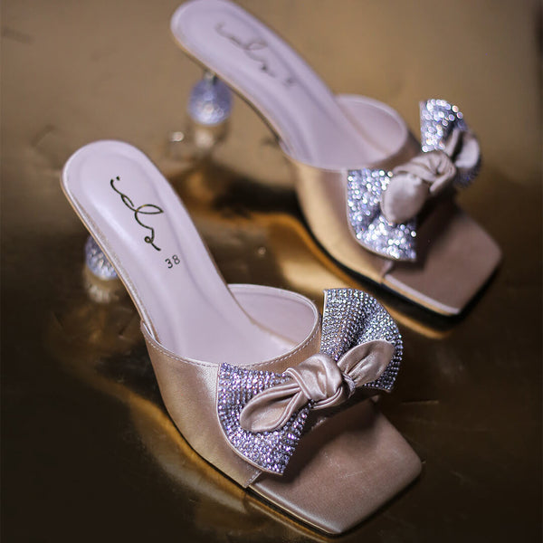 Satin Bow Decore Transparent Heel - Gold