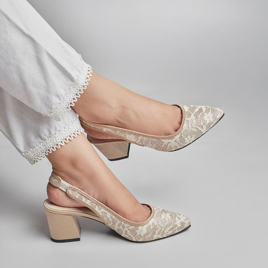 BLOOM FLORAL MESH SLINGBACK HEELS - BEIGE
