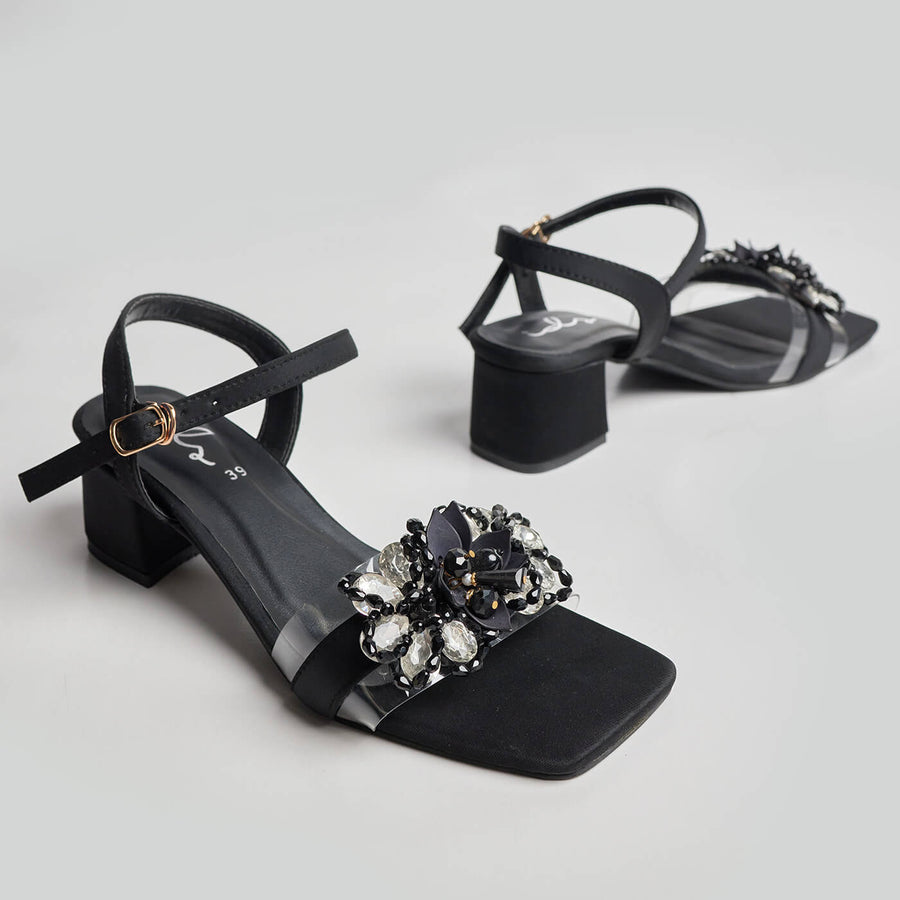 Crystal Embellished Block Heel Sandal - Black