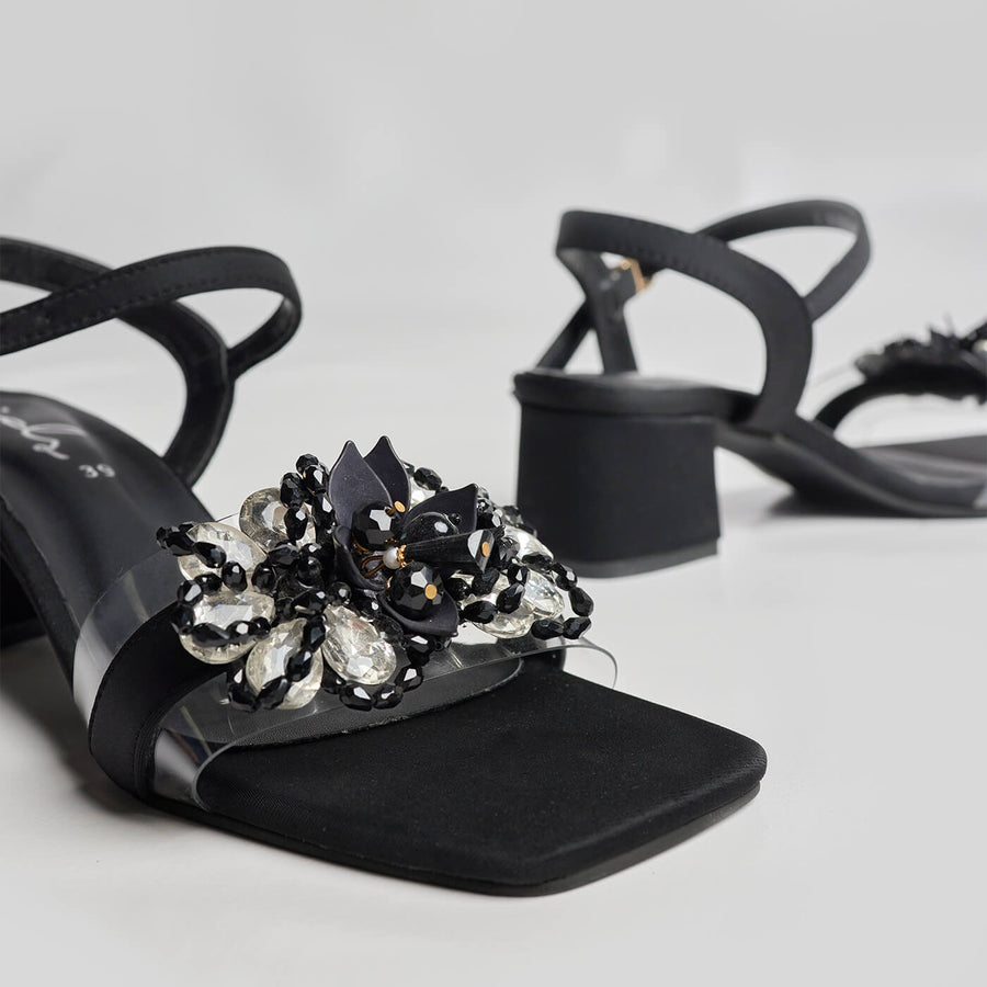 Crystal Embellished Block Heel Sandal - Black