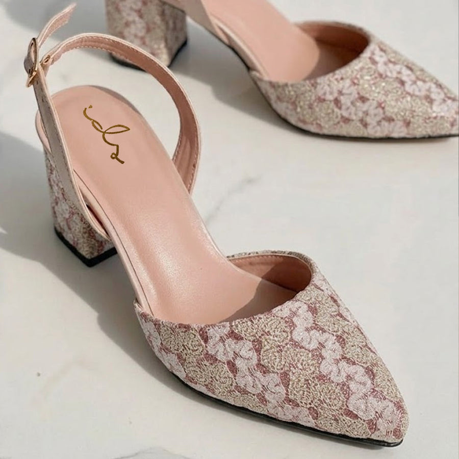 Floral Glittery Heel - Nude Pink
