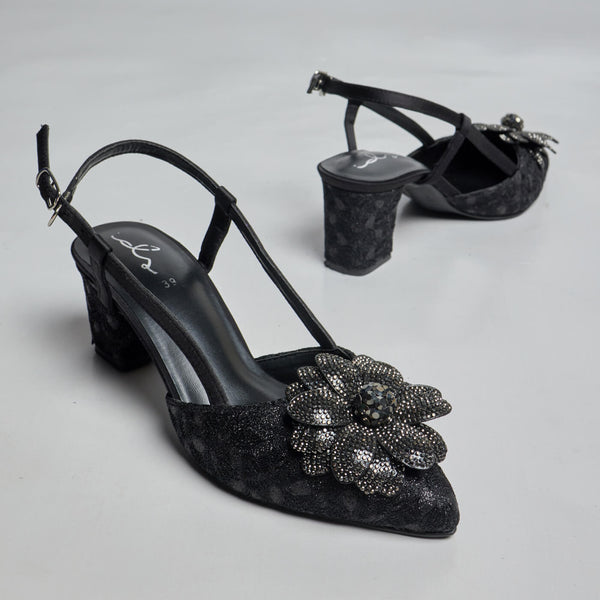 Blossom Crystal Flower Sling Back - Black