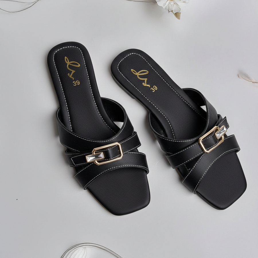 Crystal Buckle Slides - Black