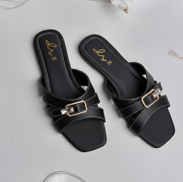 Crystal Buckle Slides - Black