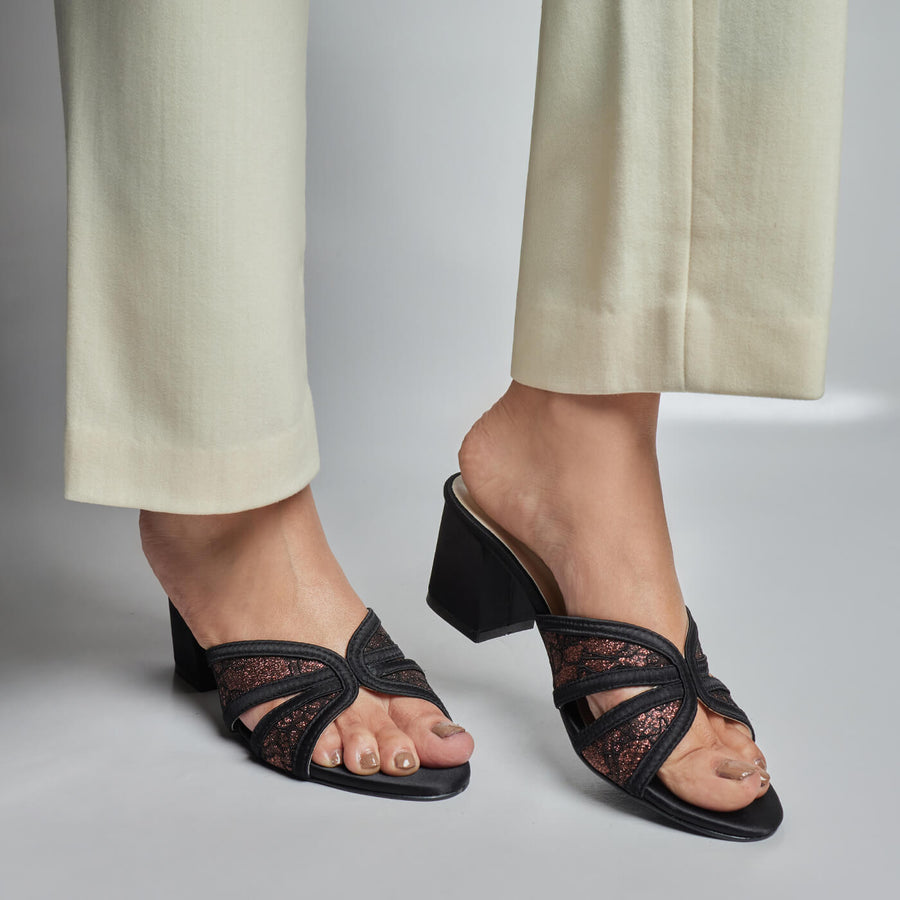 Floral  Net Block Heel - Copper