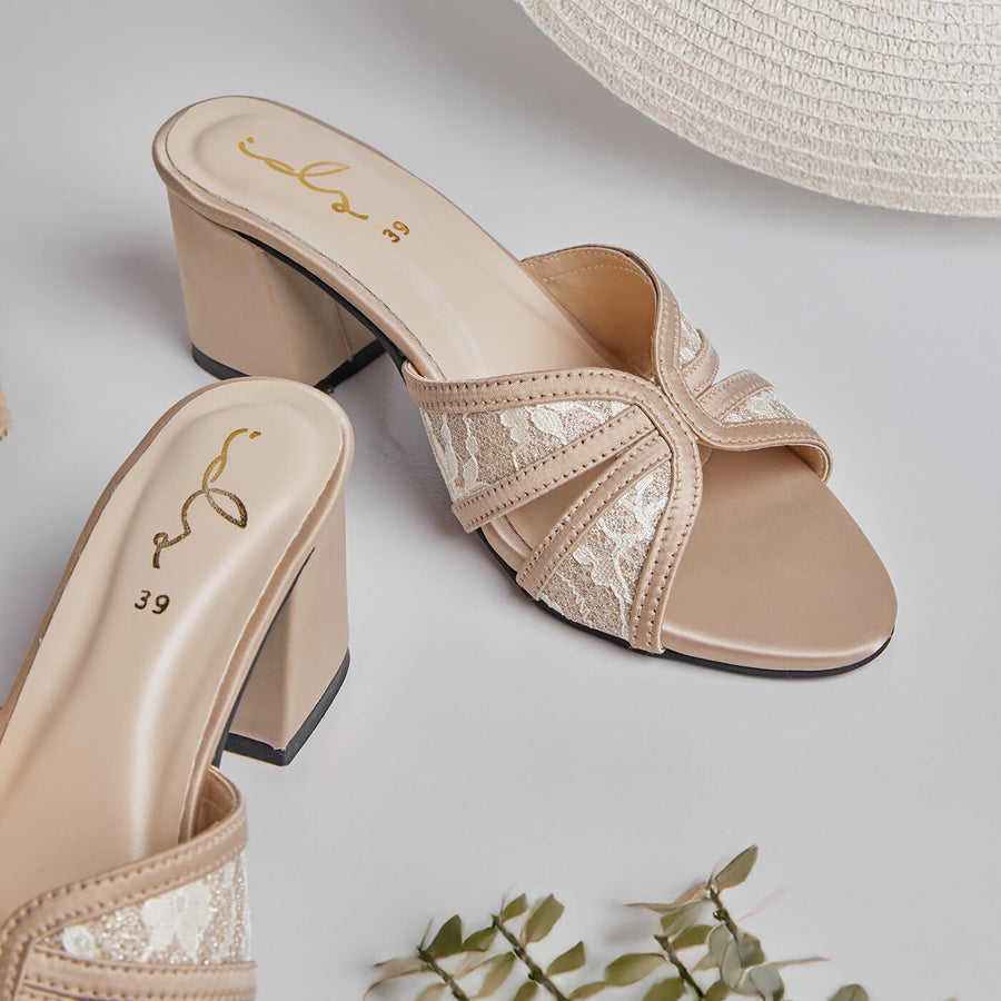 Floral  Net Block Heel - Gold