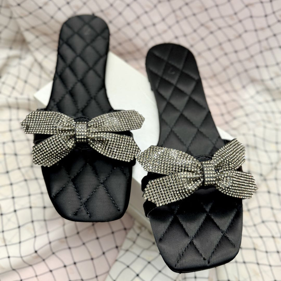 Rhinestone bow slides - Black