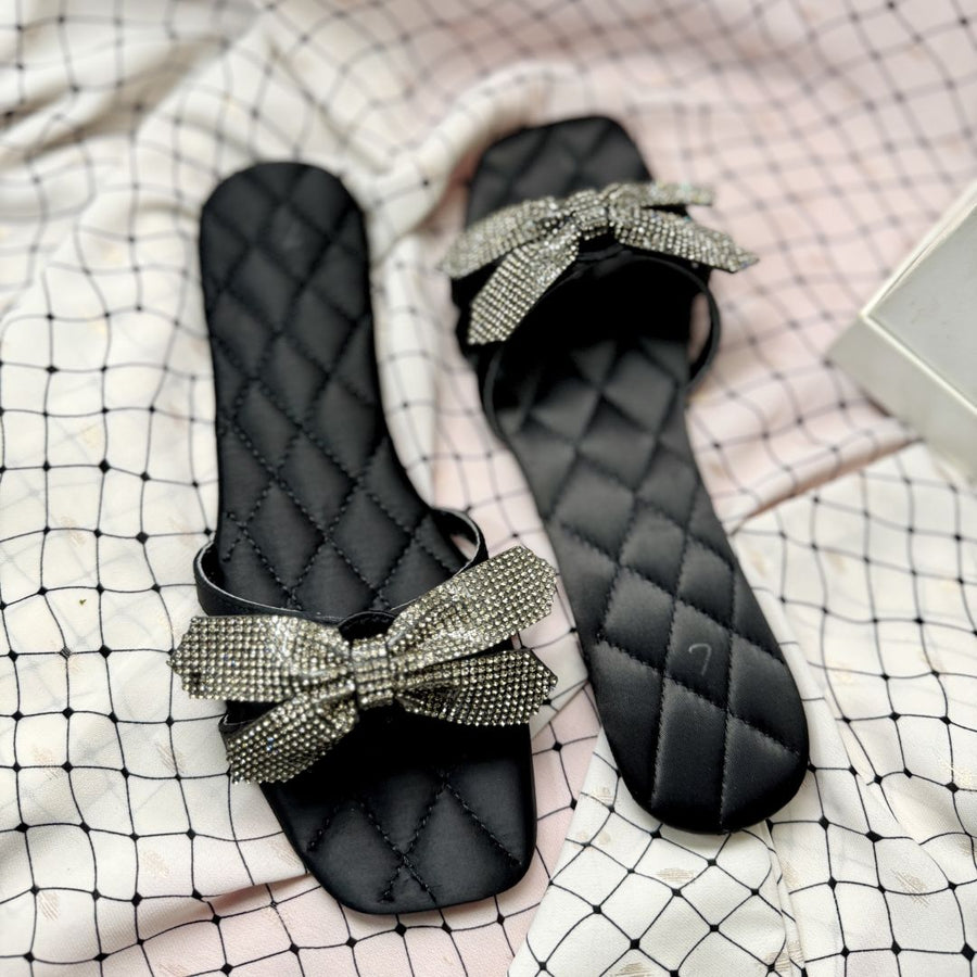 Rhinestone bow slides - Black
