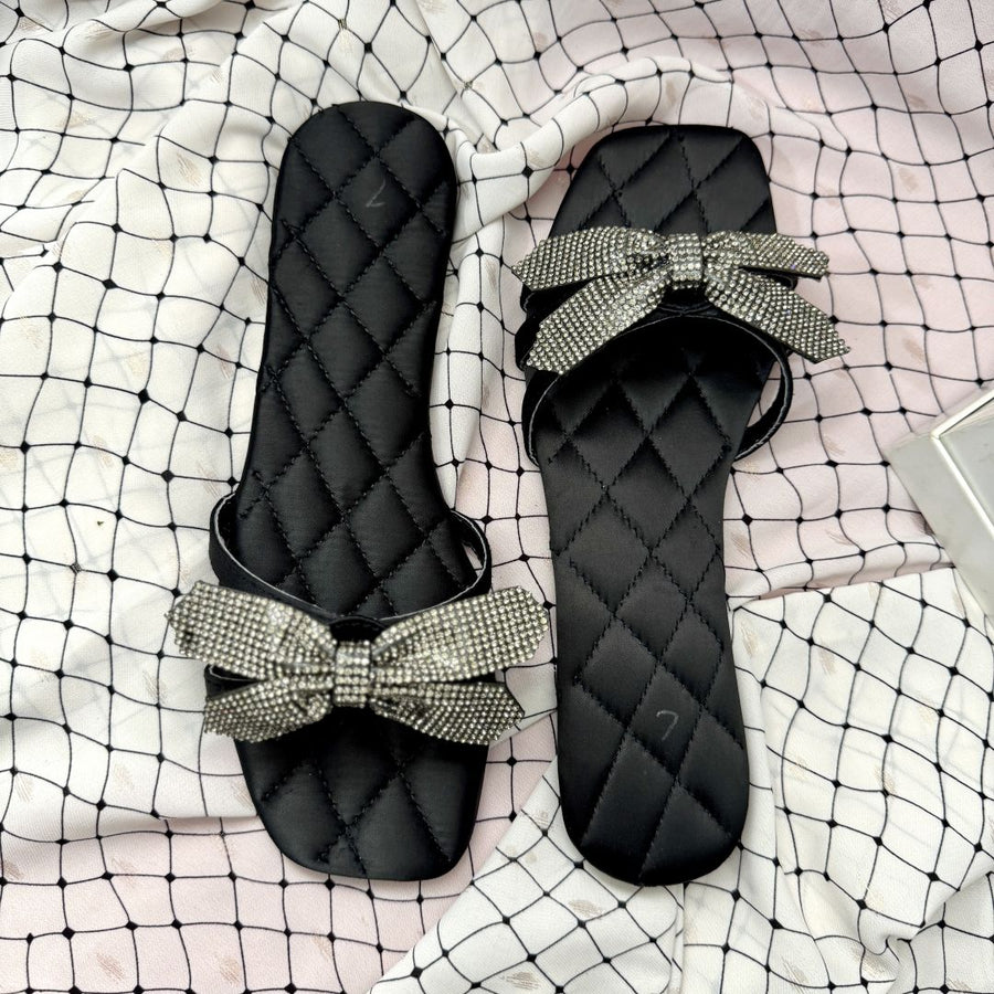 Rhinestone bow slides - Black
