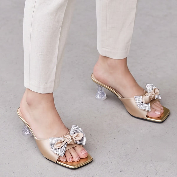 Satin Bow Decore Transparent Heel - Gold