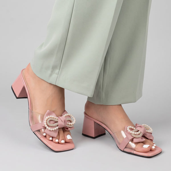 Pearl Bow Decor Block Heel-pink