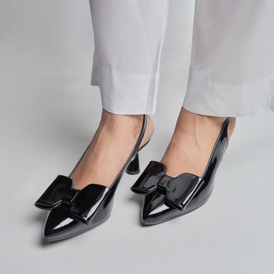 Luxe Bow  Sleek Heel Sling Back - Black