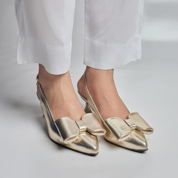 Luxe Bow Sleek Heel Sling Back - Gold