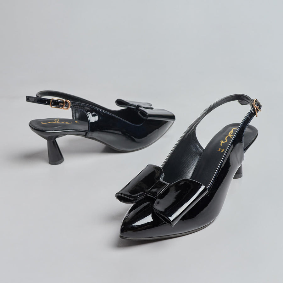 Luxe Bow  Sleek Heel Sling Back - Black