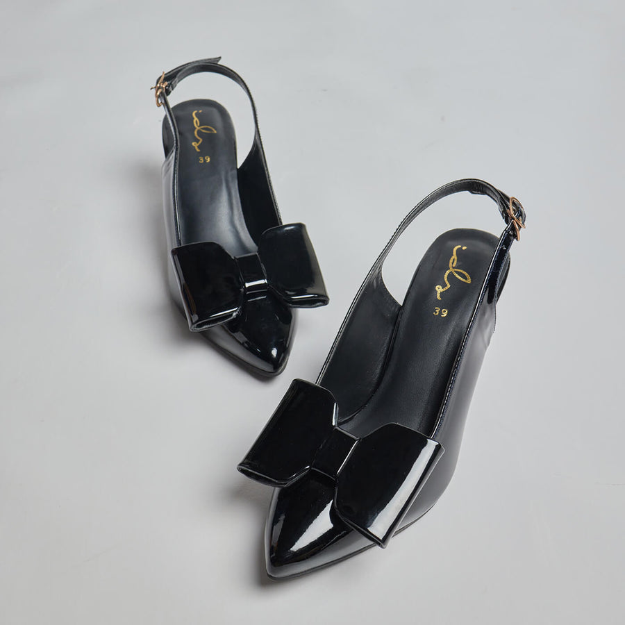 Luxe Bow  Sleek Heel Sling Back - Black