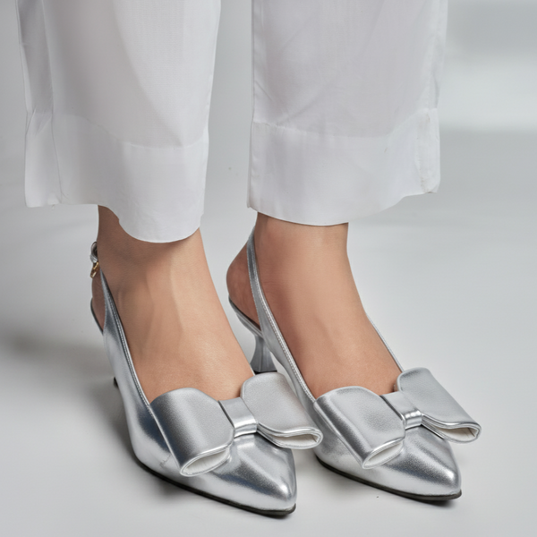 Luxe Bow Sleek Heel Sling Back - Silver