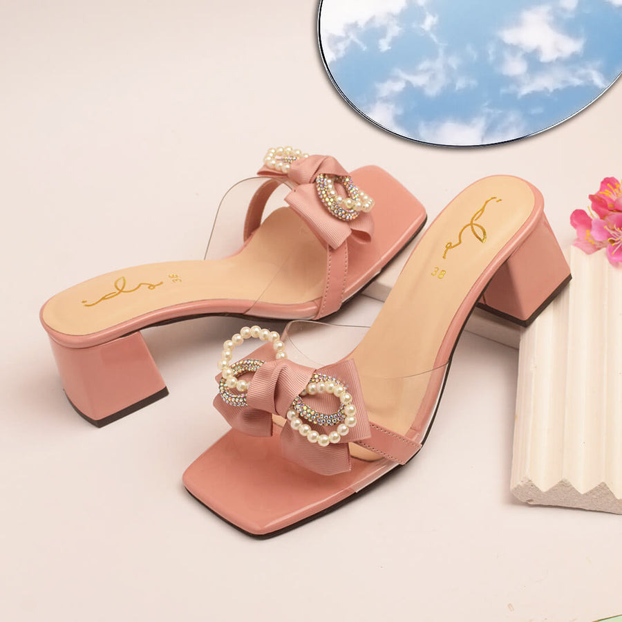 Pearl Bow Decor Block Heel-pink