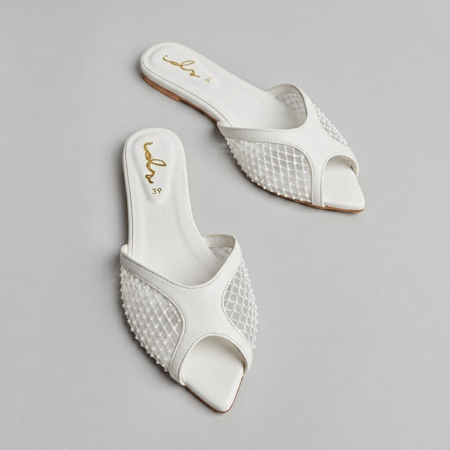 Rhinestone Net Mule - White