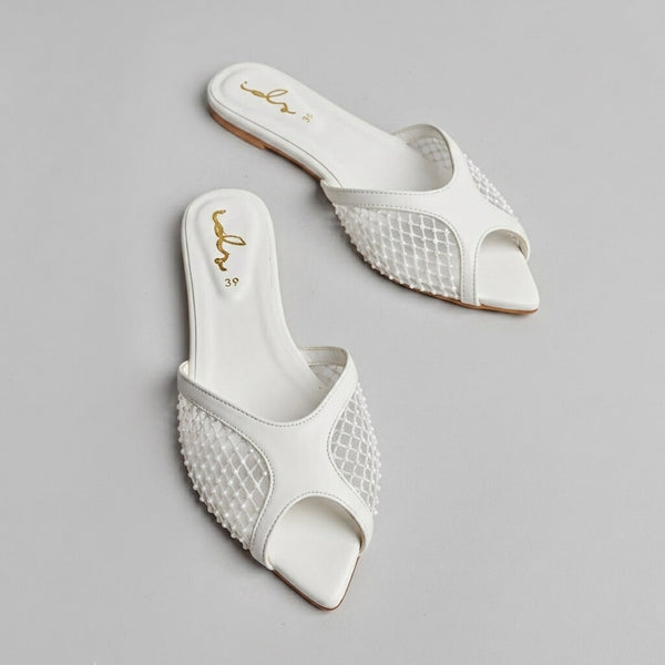 Rhinestone Net Mule - White