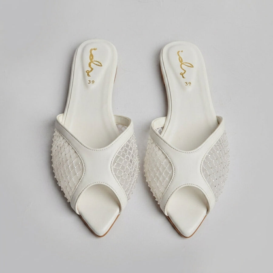 Rhinestone Net Mule - White