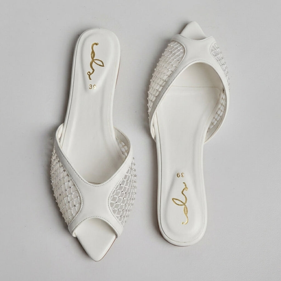 Rhinestone Net Mule - White