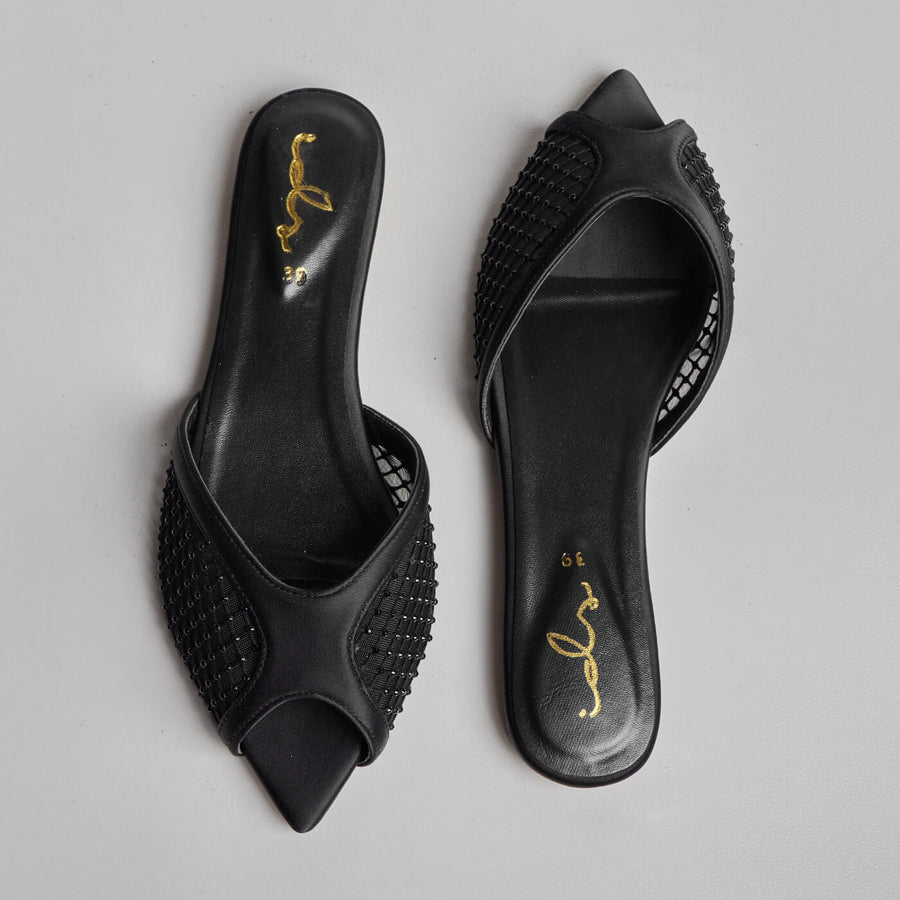 Rhinestone Net Mule - Black