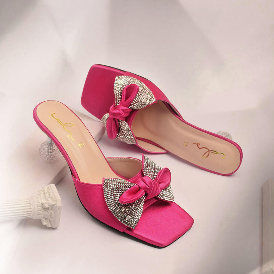 Satin Bow Decore Transparent Heel - Pink