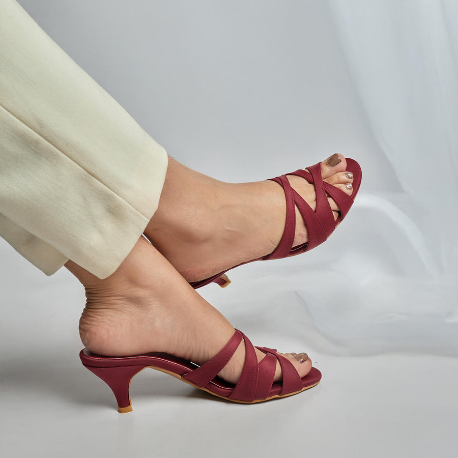 Silken Cross Straps Heels - Maroon