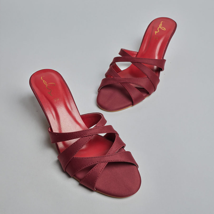 Silken Cross Straps Heels - Maroon