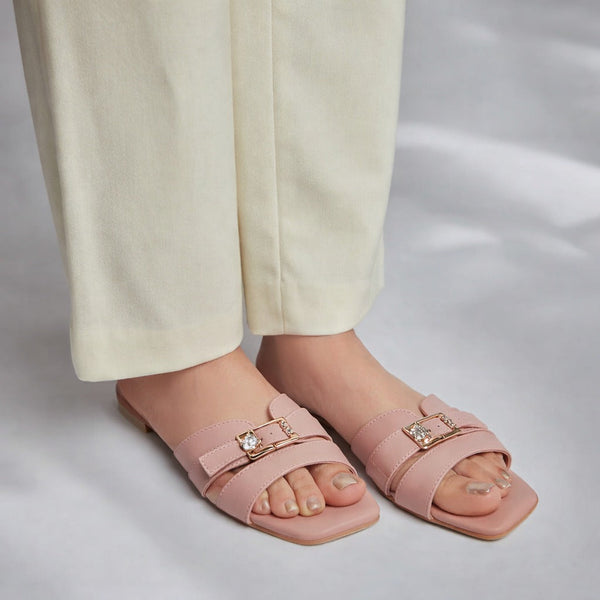 Crystal Buckle Slides - Nude Pink