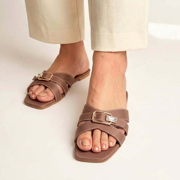 Crystal Buckle Slides - Coffee